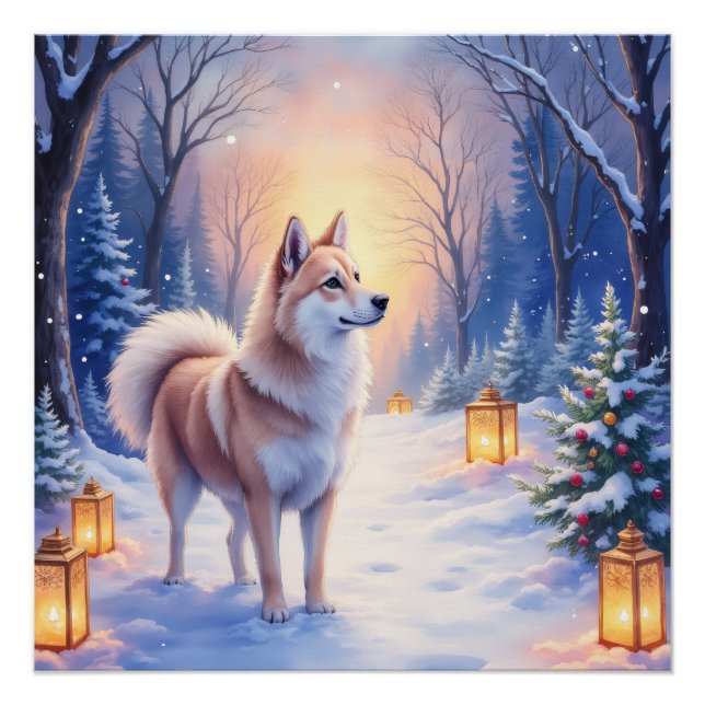 Peaceful Akita on Snow Lantern Path Christmas Dog  Poster (Front)