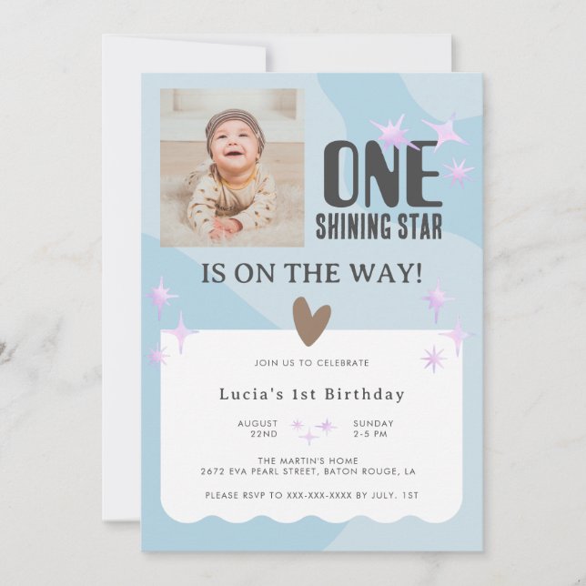 Peaceful Baby Blue Star Photo Baby 1st Birthday Invitation (Front)