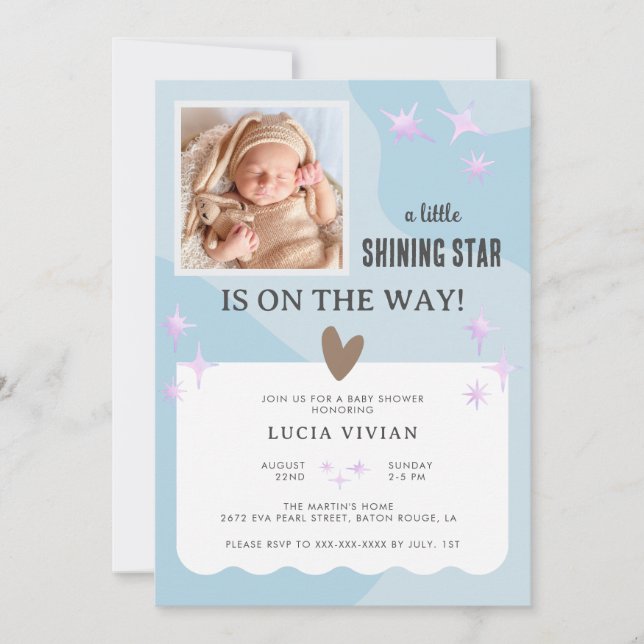 Peaceful Baby Blue Star Photo Baby Shower Invitation (Front)