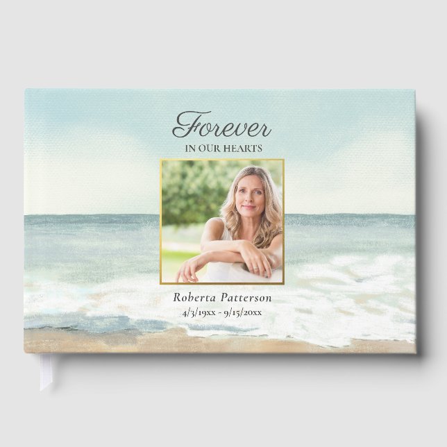 Peaceful Beach Ocean Photo Funeral Memorial Guest Book (Front)
