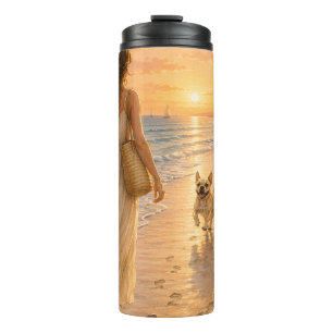 Peaceful Beach Sunset Dog Watercolor Illustration Thermal Tumbler
