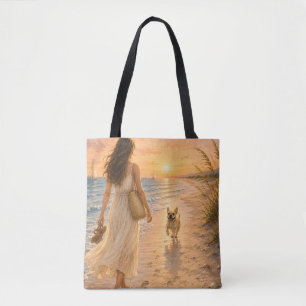 Peaceful Beach Sunset Dog Watercolor Illustration Tote Bag
