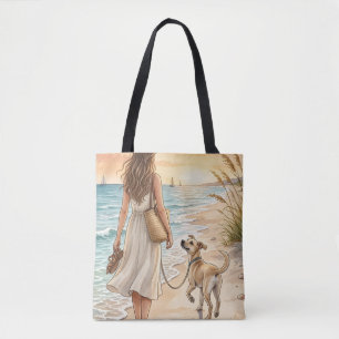 Peaceful Beach Sunset Dog Watercolor Illustration Tote Bag