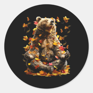 Peaceful Bear Fall Leaves Meditating Zen Animal Au Classic Round Sticker
