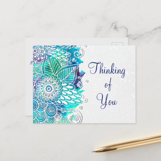 Peaceful Blue and Teal Floral Mandala Motif Postcard (Front/Back In Situ)