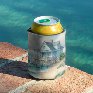 PEACEFUL BLUE BEACH HOUSE ON STILTS CAN COOLER