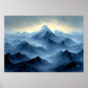 Peaceful Blue Mountain Peaks in Abstract Oil style Poster