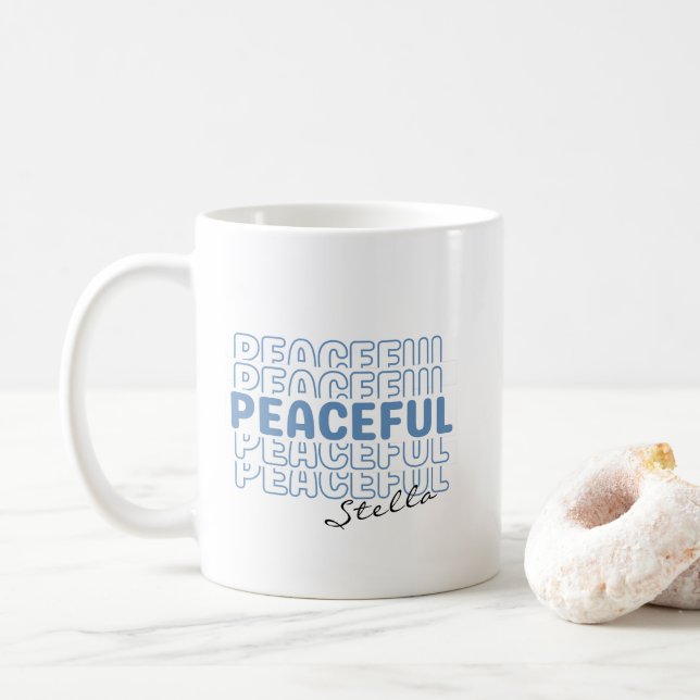 Peaceful Blue Wavy Retro Custom Name Text Coffee M Mug (With Donut)