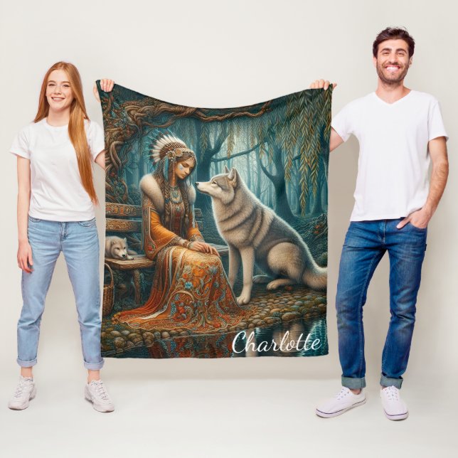 Peaceful bond: Native woman and wolf Fleece Blanket (In Situ)