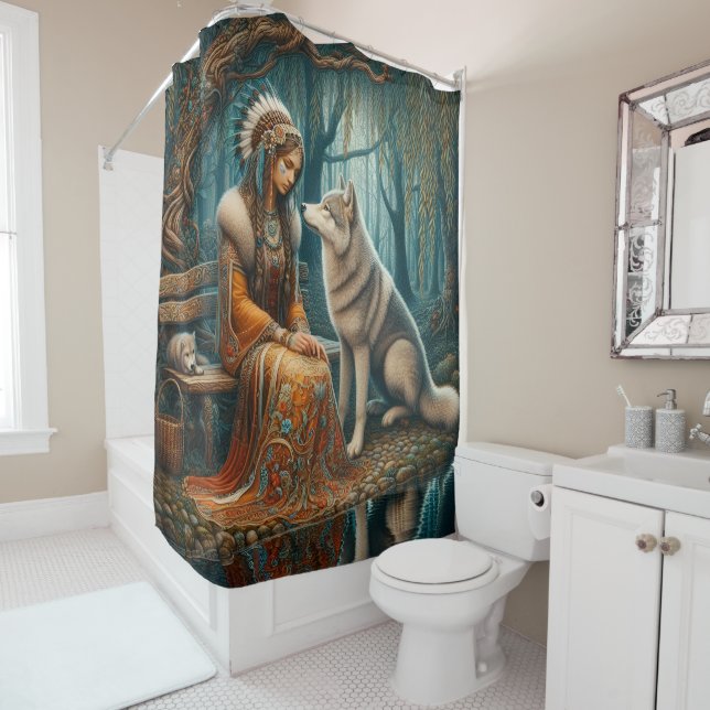 Peaceful bond: Native woman and wolf Shower Curtain (In Situ)