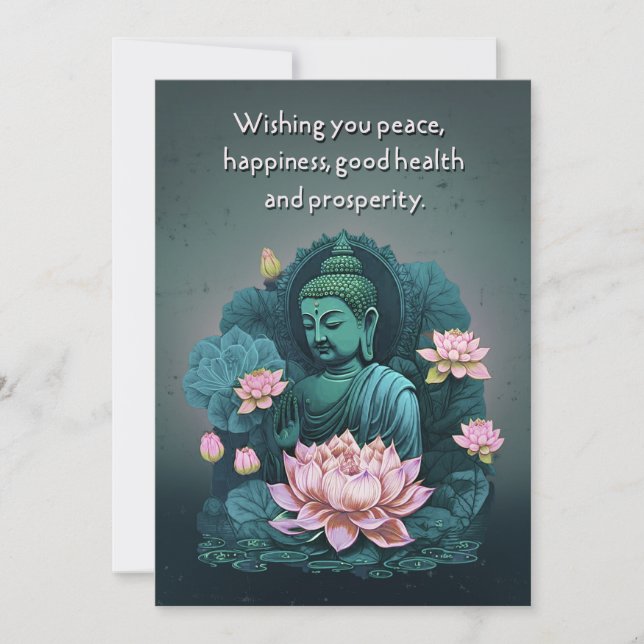 Peaceful Buddha Greeting Card with Pink Flowers (Front)
