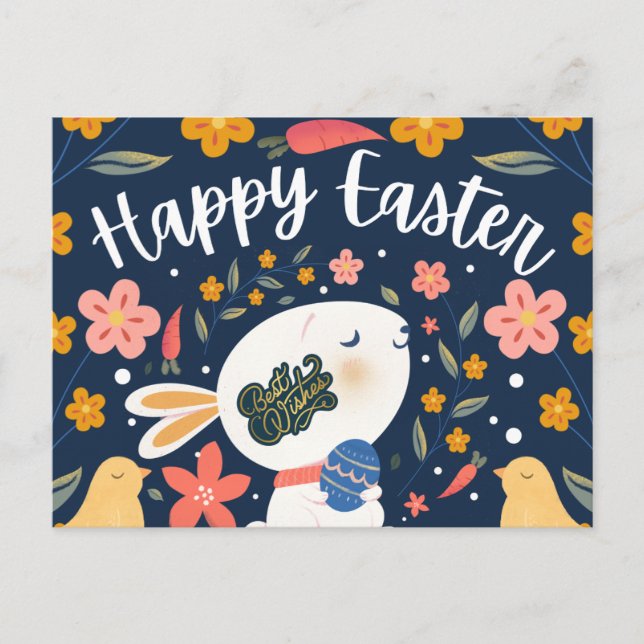 Peaceful Bunny with Easter Egg “Happy Easter” Flor Holiday Postcard (Front)
