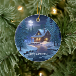 Peaceful Cabin in Winter Forest Ceramic Tree Decoration