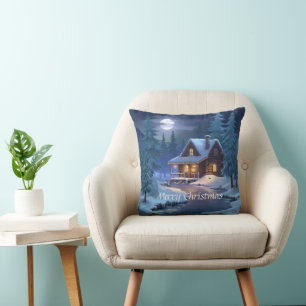 Peaceful Cabin in Winter Forest Cushion