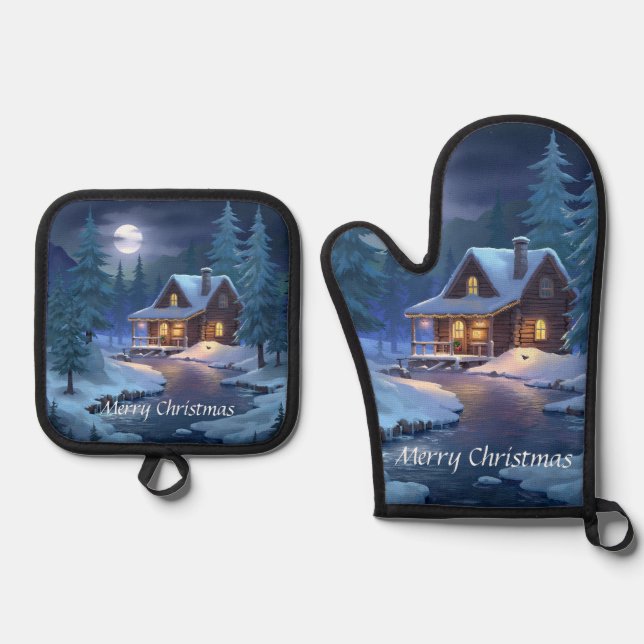 Peaceful Cabin in Winter Forest Oven Mitt & Pot Holder Set (Front)