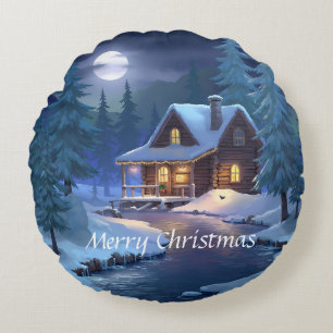 Peaceful Cabin in Winter Forest Round Cushion
