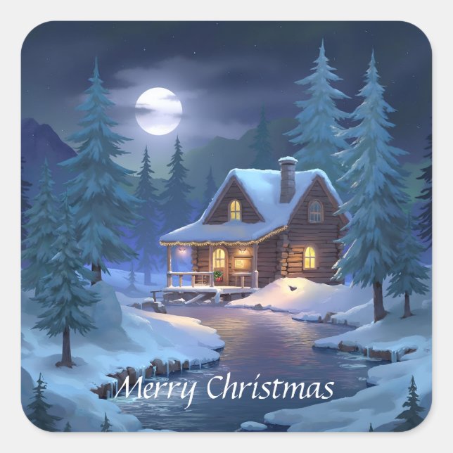 Peaceful Cabin in Winter Forest Square Sticker (Front)