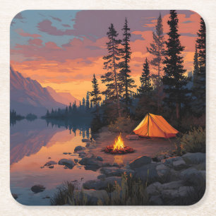 Peaceful Camping Scene by a Mountain Lake Square Paper Coaster