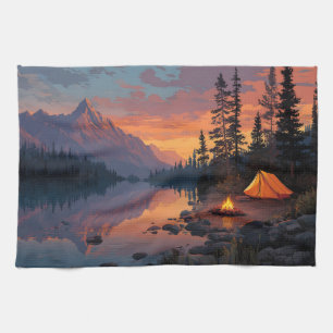 Peaceful Camping Scene by a Mountain Lake Tea Towel