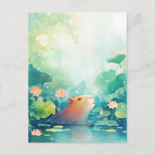 Peaceful Capybara in Pink Lotus Flower Pond Postcard