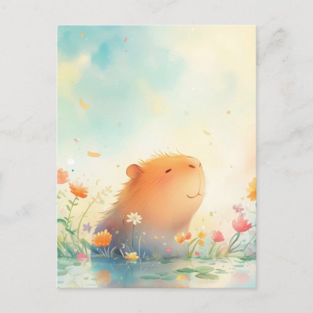 Peaceful Capybara Smiling in Wildflower Pond Postcard (Front)