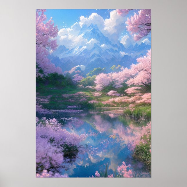 Peaceful Cherry Blossom Lake Poster (Front)