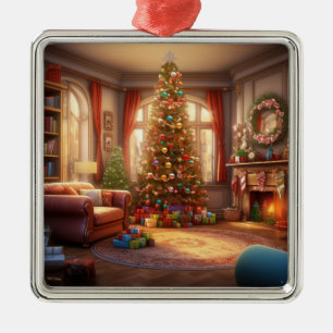 PEACEFUL CHRISTMAS MORNING WITH TREE AND PRESENTS METAL TREE DECORATION