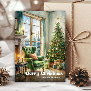 Peaceful Christmas scene card watercolor red green