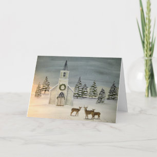 Peaceful Church and Deer Christmas Card
