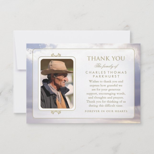 Peaceful Clouds Gold Photo Sympathy Thank You Card (Front)