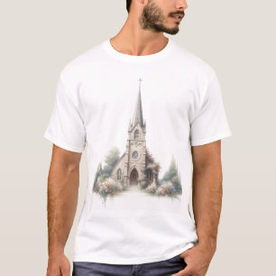Peaceful Country Church – Watercolor with Floral A T-Shirt