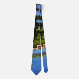 Peaceful Covered Bridge on Lake in Yellow Blue Tie