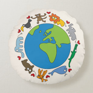 Peaceful Cute Cartoon Animals All Around The World Round Cushion