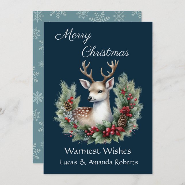 Peaceful Deer, with Holly Wreath, on Dark Blue  Holiday Card (Front/Back)