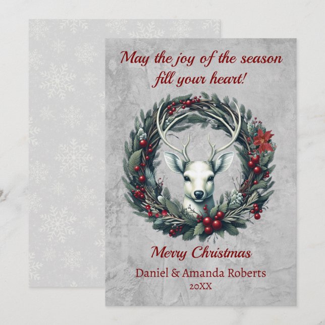Peaceful Deer with Wreath of Holly Berries Holiday Card (Front/Back)