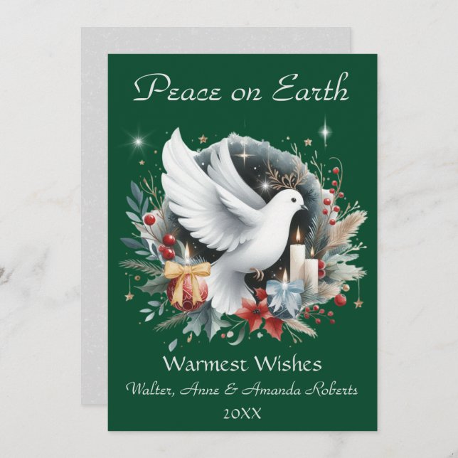 Peaceful Dove, Watercolor Wreath & Candles Holiday Card (Front/Back)