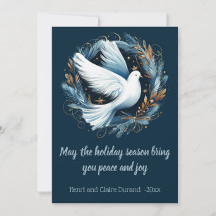 Peaceful Dove within Wreath of Blue Fronds Holiday Card