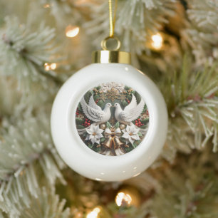Peaceful Doves Poinsettias Elegant Christmas  Ceramic Ball Christmas Ornament