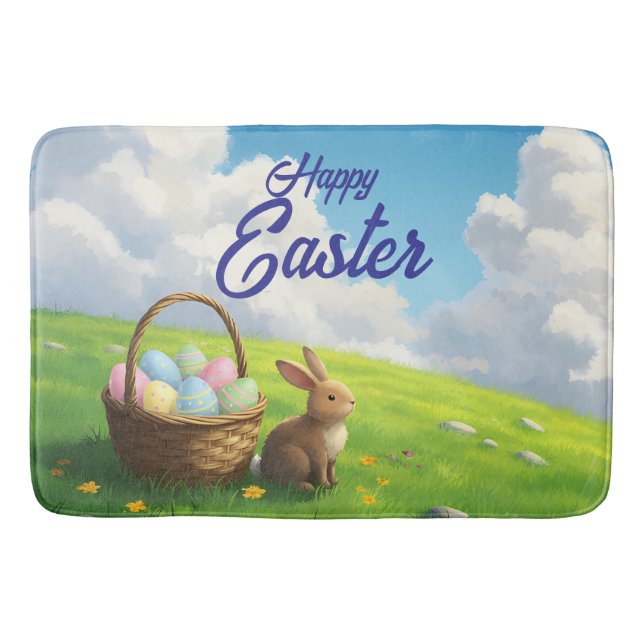Peaceful Easter Spring Meadow Bunny & Egg Basket Bath Mat (Front)