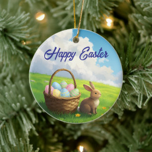 Peaceful Easter Spring Meadow Bunny & Egg Basket Ceramic Tree Decoration