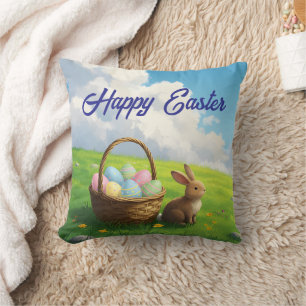 Peaceful Easter Spring Meadow Bunny & Egg Basket Cushion