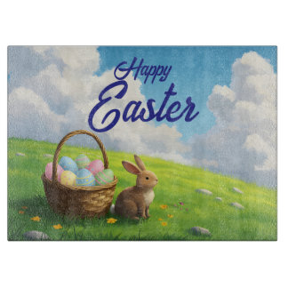 Peaceful Easter Spring Meadow Bunny & Egg Basket Cutting Board