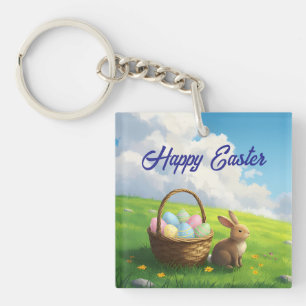 Peaceful Easter Spring Meadow Bunny & Egg Basket Key Ring