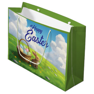 Peaceful Easter Spring Meadow Bunny & Egg Basket Large Gift Bag