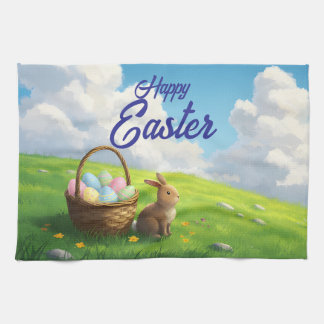 Peaceful Easter Spring Meadow Bunny & Egg Basket Tea Towel