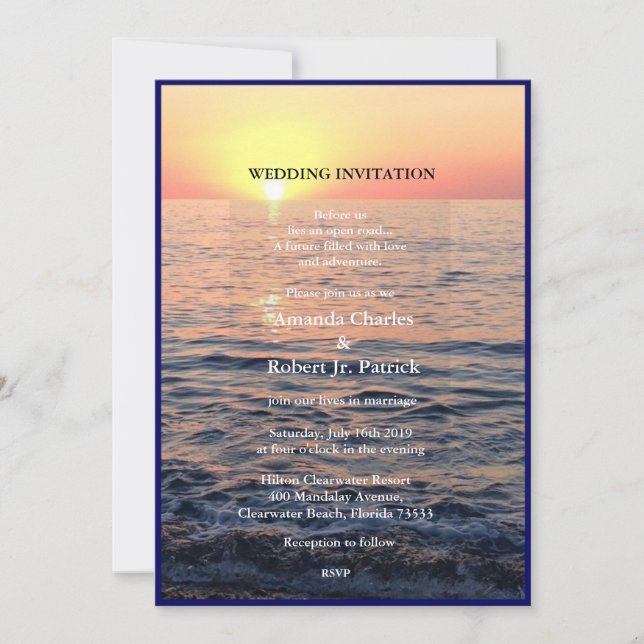 Peaceful Elegant Beach Sunset Wedding Invitation (Front)