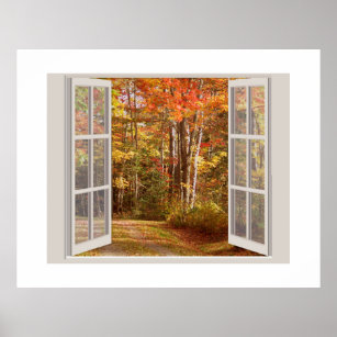 Peaceful fall scene viewed through an open window poster