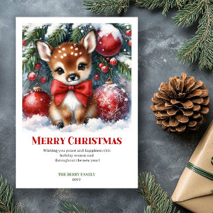 Peaceful Fawn Watercolor Snowy Christmas Card Xmas