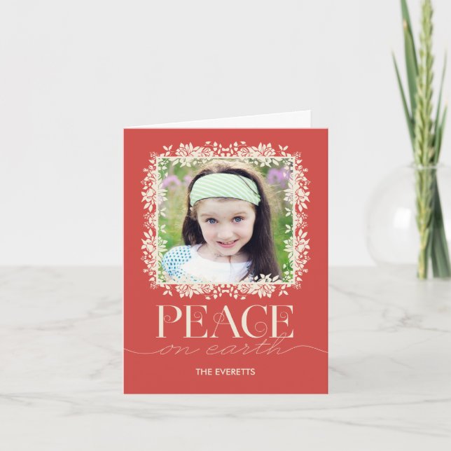 Peaceful Floral Holiday Photo Greeting Card Salmon (Front)