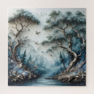 Peaceful Forest River and Flying Birds Jigsaw Puzzle